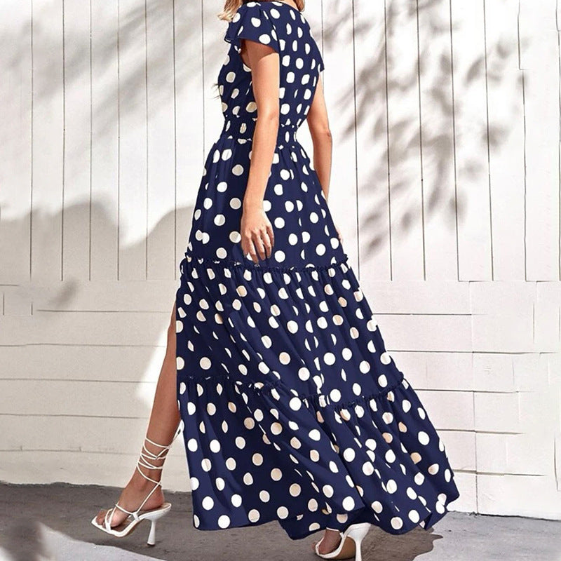 Summer Women Fashion Casual Dot Print Split Maxi Dress