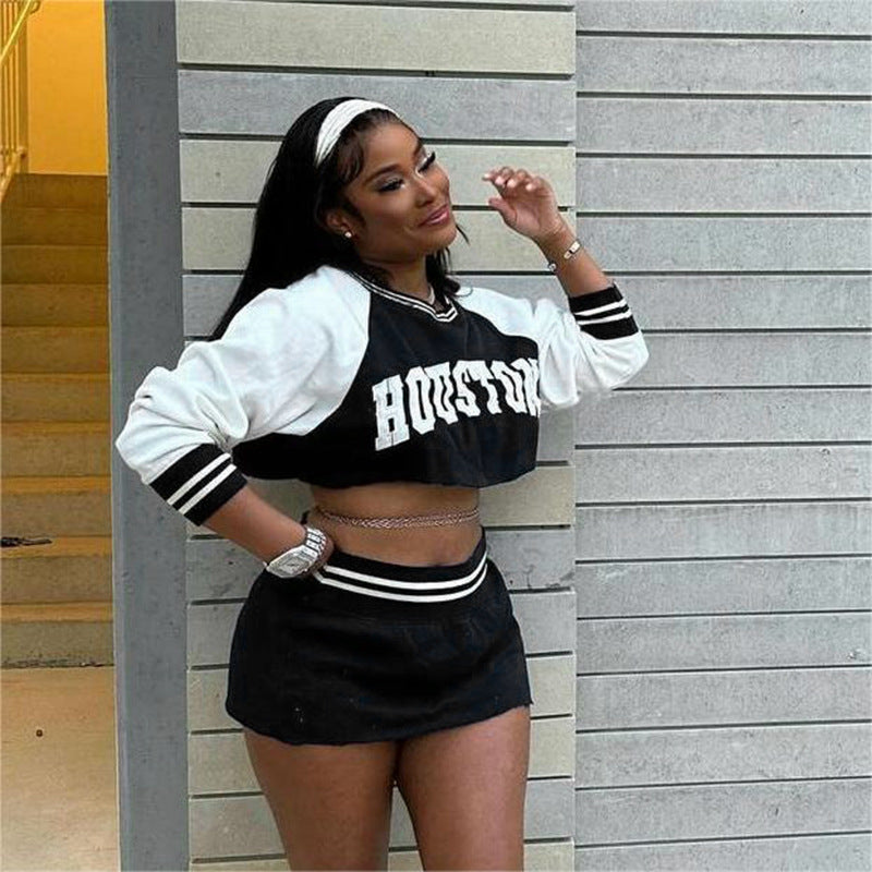 Women Fashion Casual Letter Print Round Neck Long Sleeve Crop Sweatshirt Skirt Two-Piece Set