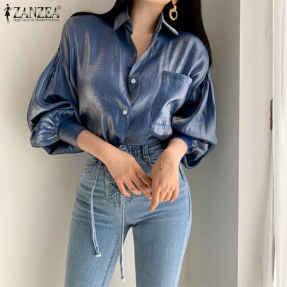Blusa informal de manga larga abullonada con solapa elegante de color liso a la moda para mujer