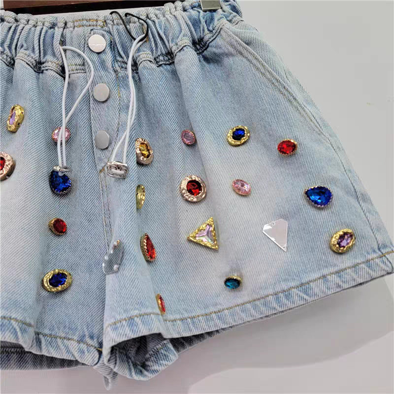 Women Fashion Casual Multicolor Rhinestone Loose High Waist Wide Leg Denim Shorts