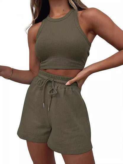 Conjunto de dos piezas formado por camiseta sin mangas y pantalones cortos con cordón, color liso, informal, a la moda de verano para mujer