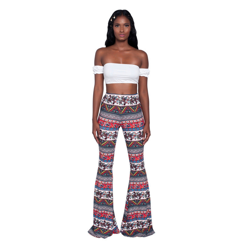 Women Printed High Waist Fashion Casual Flared Pants