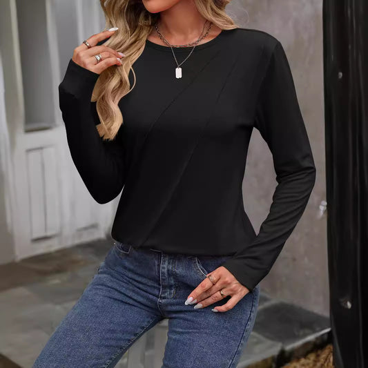 Camiseta informal holgada de manga larga con cuello redondo y color liso para mujer