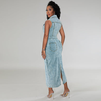 Women Fashion Casual Lapel Sleeveless Split Denim Dress