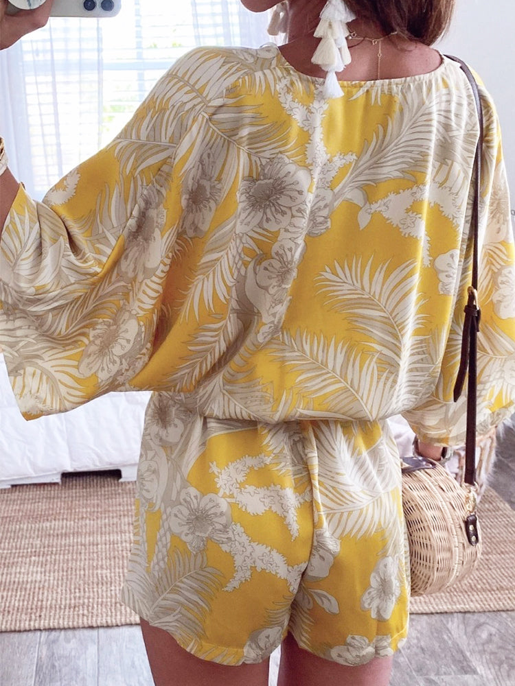 Women Elegant Casual Leaf Print Shorts Sleeve Bandage Summer Wide Leg Beach Rompers