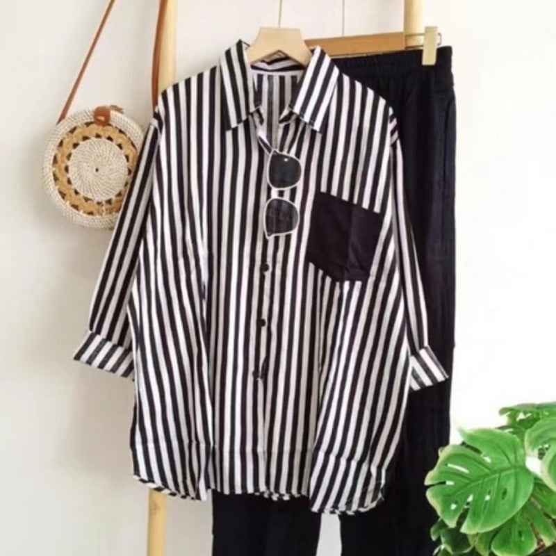 Conjunto de dos piezas de top y pantalón de manga larga informal a rayas para mujer