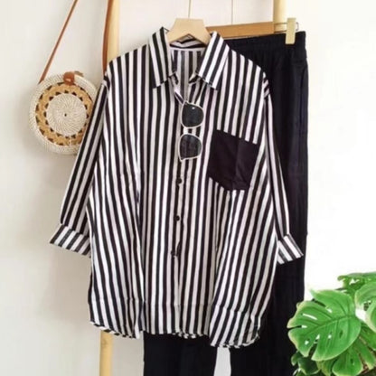 Conjunto de dos piezas de top y pantalón de manga larga informal a rayas para mujer