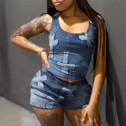 Casual Women Cross Printed Sleeveless Tank Top Tight Shorts Set