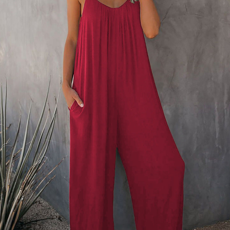 women Summer Solid Color Pocket Casual loose Jumpsuits