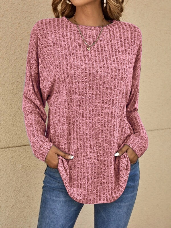 Camiseta holgada informal de talla grande para mujer, básica, de punto, de otoño, con cuello redondo, lisa, de manga larga