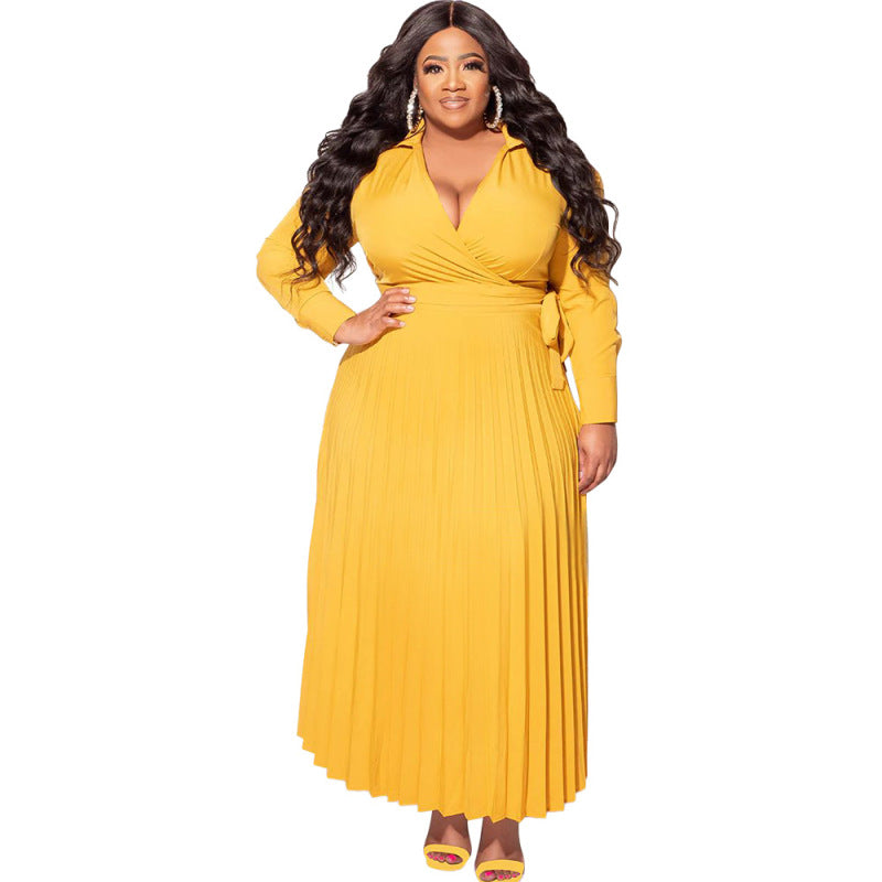 Women Fashion Casual Solid Color Plus Size V-Neck Lace-Up Long Sleeve Pleated Dress