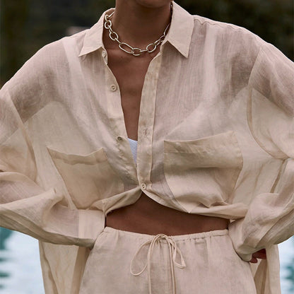 Conjunto de dos piezas de camisa y pantalón de algodón de manga larga para mujer, informal, de otoño e invierno