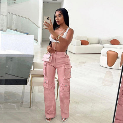 Women Fashion Casual High Waist Straight Leg Leather Cargo Pants