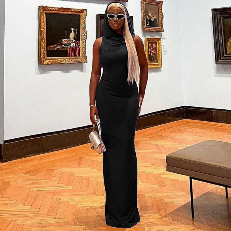 Women Fashion Casual Solid Color Hooded Elastic Sleeveless Slim Dress