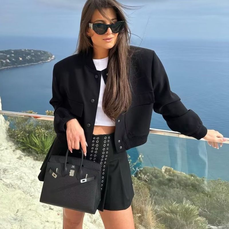 Chaqueta de manga larga con bolsillos grandes y cuello informal para mujer, moda de primavera y otoño