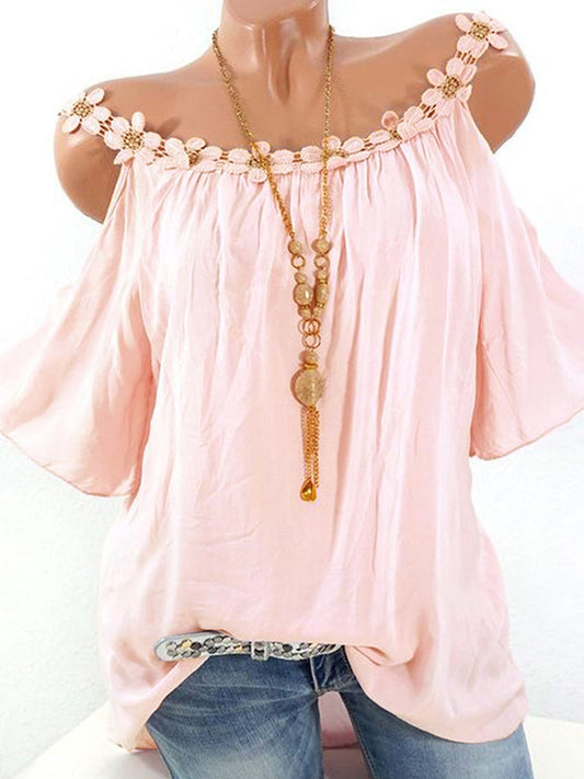 Blusa informal de verano con cuello redondo y encaje de color liso para mujer