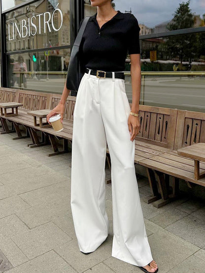 Women Fashion Casual Solid Color High Waist Straight Pants