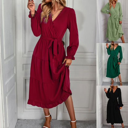 Women Fashion Casual Solid Color Bandage Long Sleeve Wrap Dress