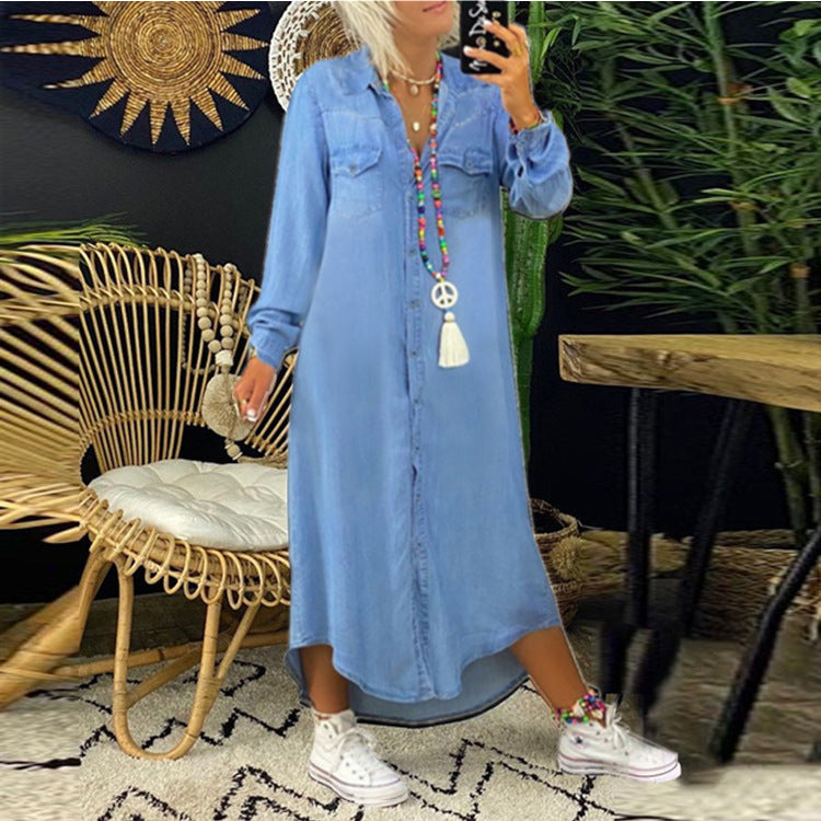 Women Fashion Casual Long Sleeve Lapel Single-Breasted Denim Dress