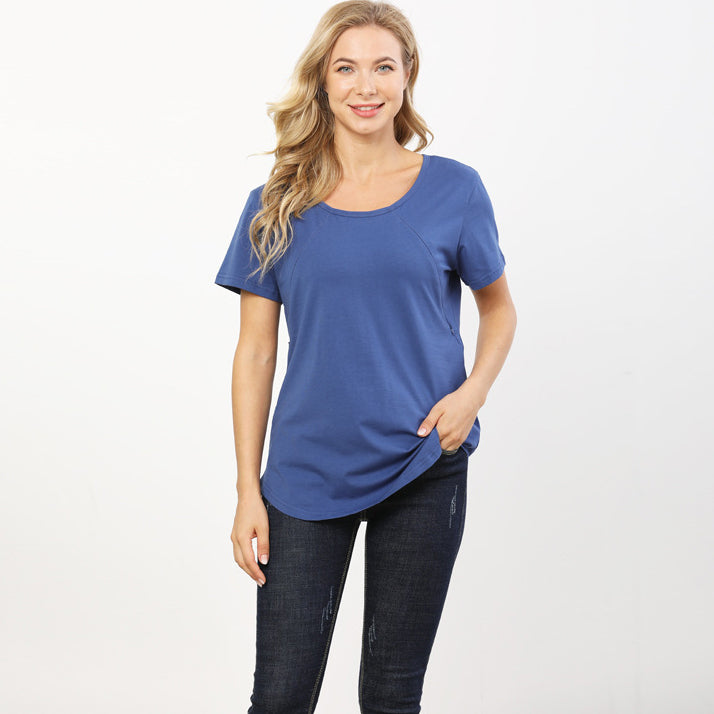 Camiseta informal de lactancia para embarazadas, color liso, cuello redondo y manga corta