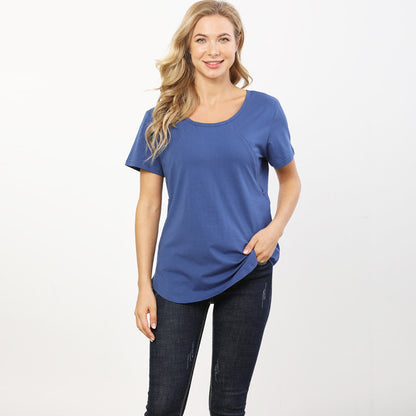 Camiseta informal de lactancia para embarazadas, color liso, cuello redondo y manga corta