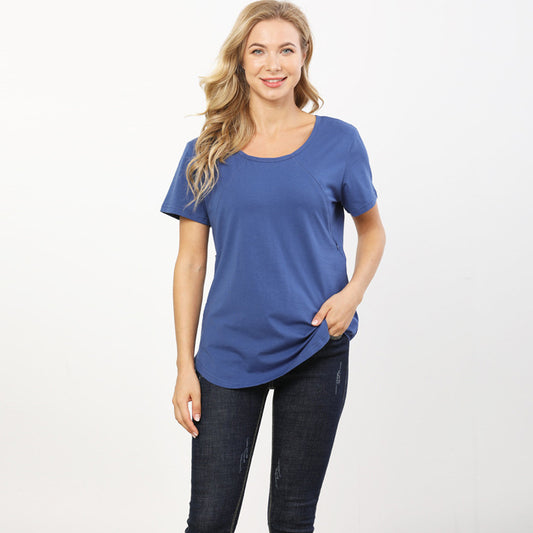 Camiseta informal de lactancia para embarazadas, color liso, cuello redondo y manga corta