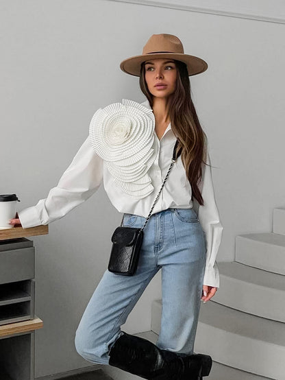 Women High Street Fashion Casual Long Sleeve Flower Design Loose Shirt Blouse