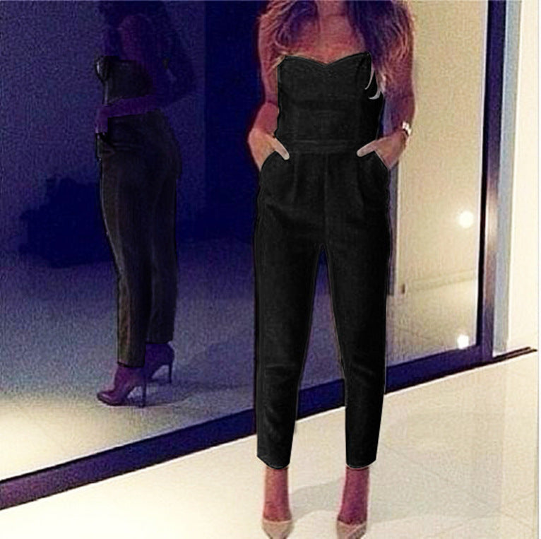 Women V-Neck Tight Waist Tube Top Casual Jumpsuit