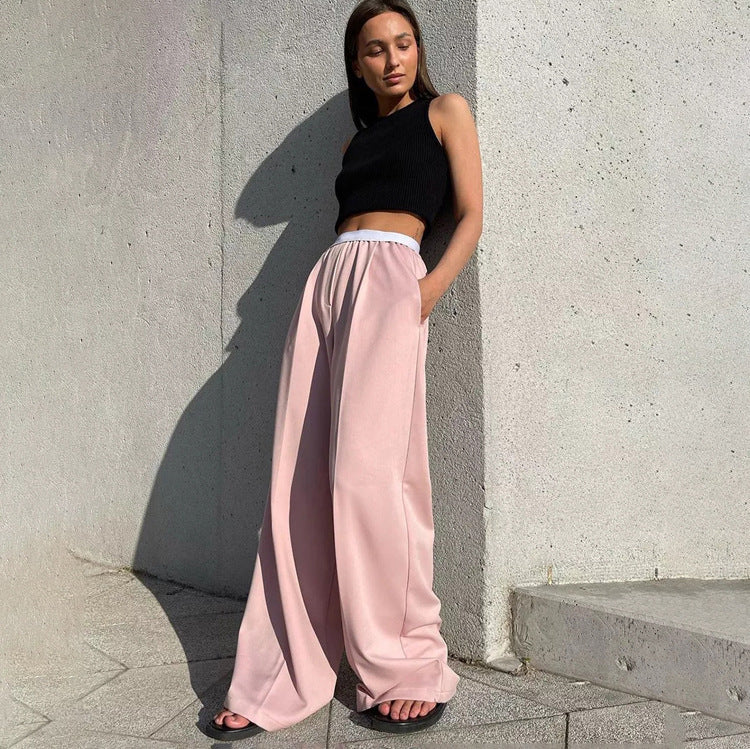 Women Fashion Loose Casual Solid Color Mopping Wide Legs Pants