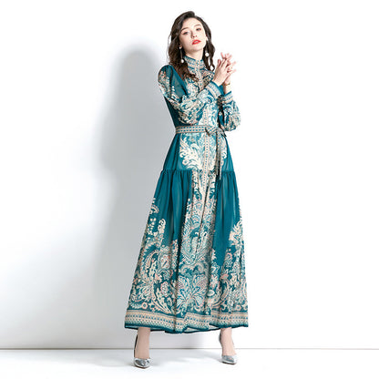 Women Elegant Retro Casual Chiffon Long-Sleeved Stand Collar Lantern Sleeve Tie-Up Print Dress