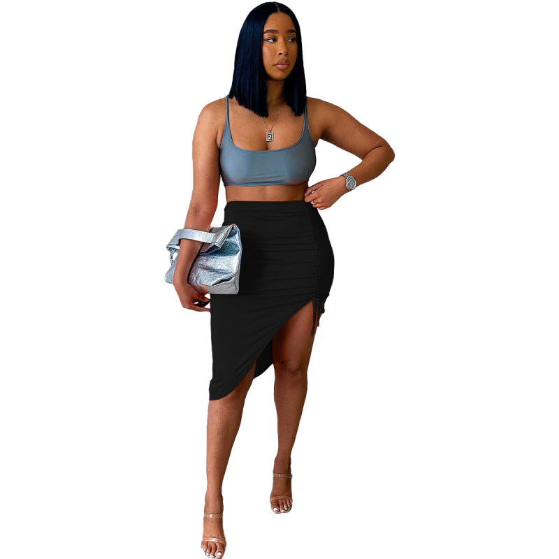 Women Solid Color Irregular Drawstring Casual Slim Skirt