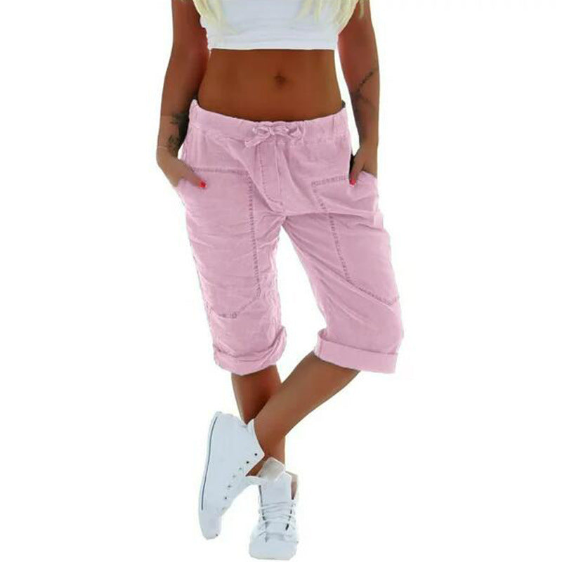 Women Summer Casual Solid Color Drawstring Waist Cropped Pants
