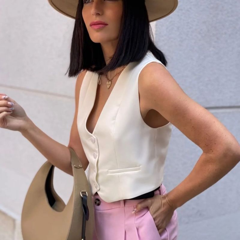 Chaleco informal de verano para mujer, ajustado, de color liso, sin mangas