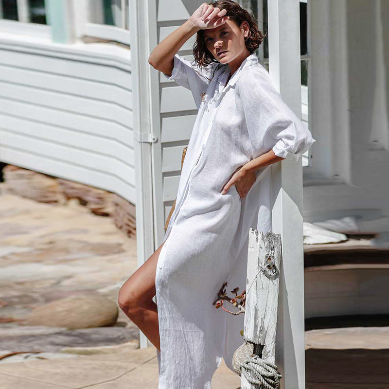 Traje de baño de playa holgado de manga larga con solapa informal para mujer