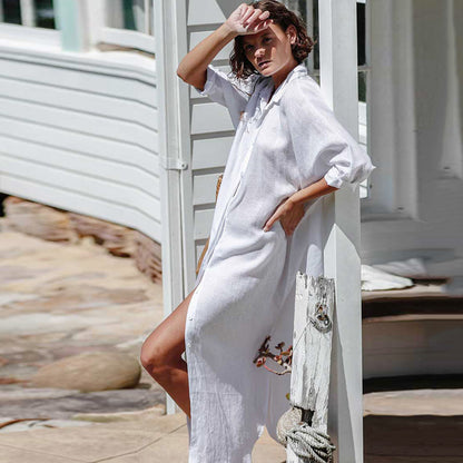 Traje de baño de playa holgado de manga larga con solapa informal para mujer