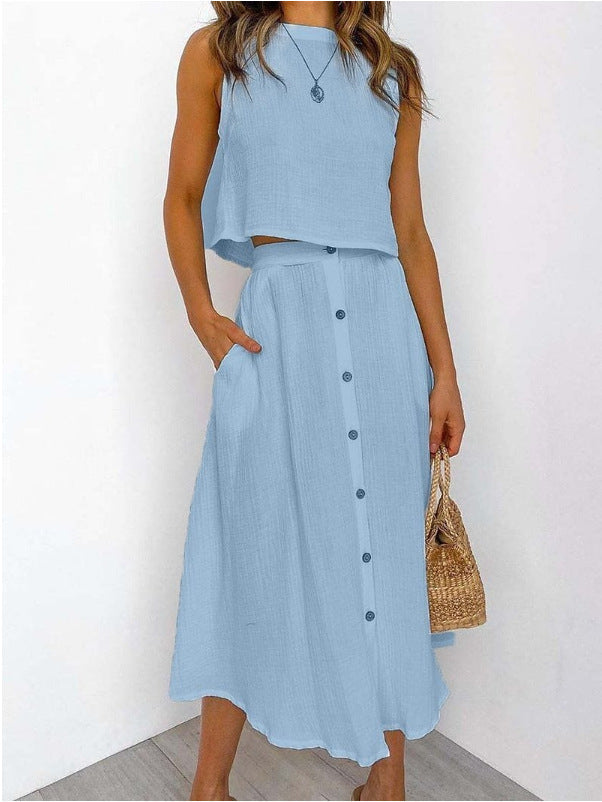 Conjunto de dos piezas de camiseta sin mangas con cuello redondo informal para mujer, largo midi y falda con botones.