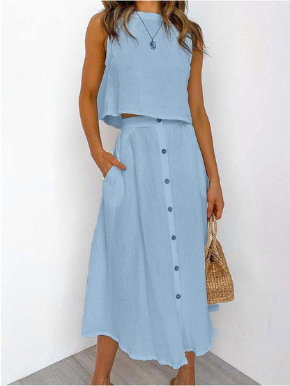 Conjunto de dos piezas de camiseta sin mangas con cuello redondo informal para mujer, largo midi y falda con botones.