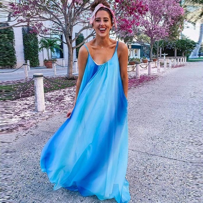 Women Fashion Casual Vacation Beach Gradient Chiffon Strap Dress
