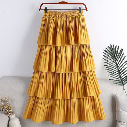 Women Fashion Casual Solid Color Ruffle Chiffon High Waist Skirt