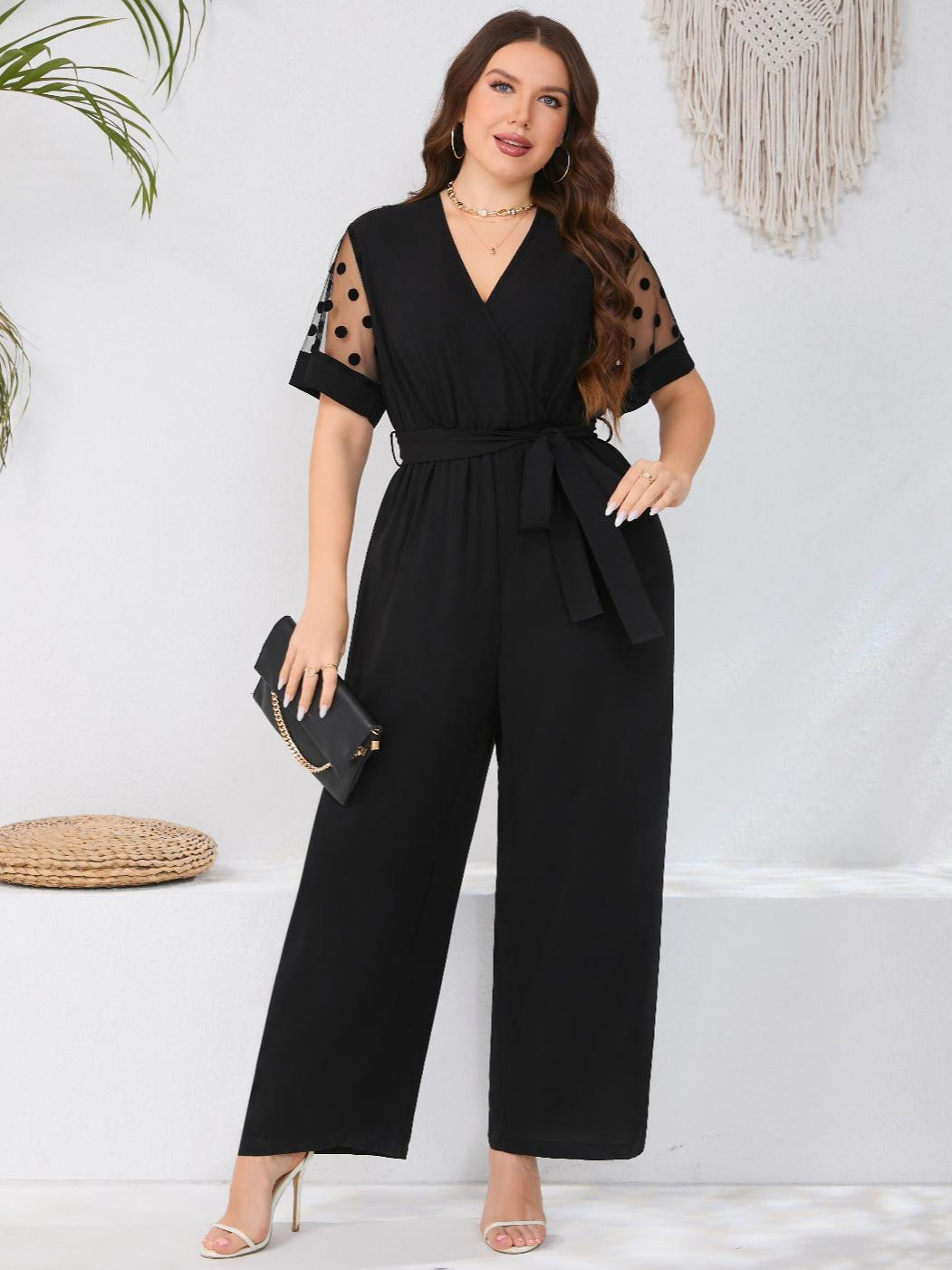 Women Fashion Casual Plus Size Lace Stitching V-Neck Short-Sleeve Lace-Up Jumpsuits