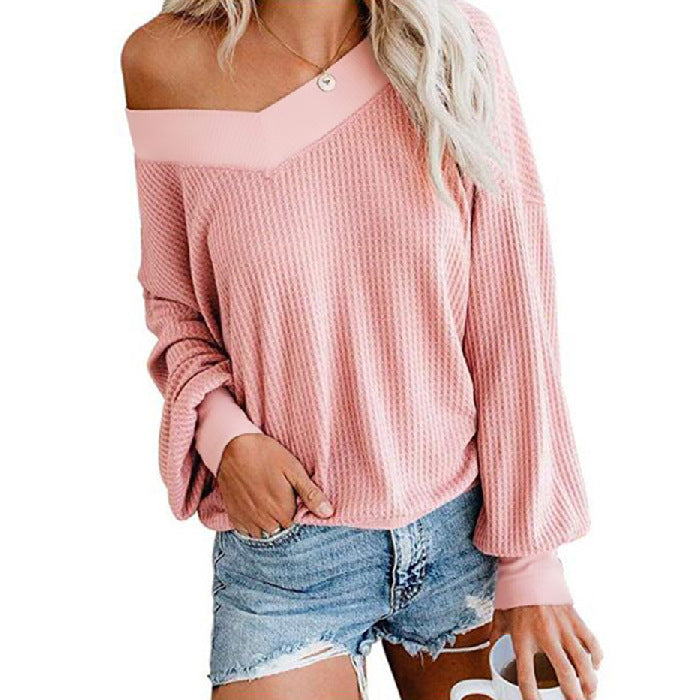 Women Fashion Winter Casual Lantern Sleeve Solid Color Knitted Top