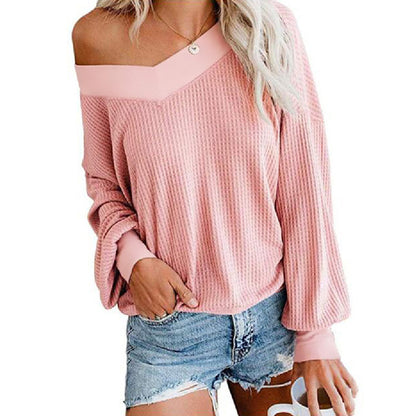 Women Fashion Winter Casual Lantern Sleeve Solid Color Knitted Top