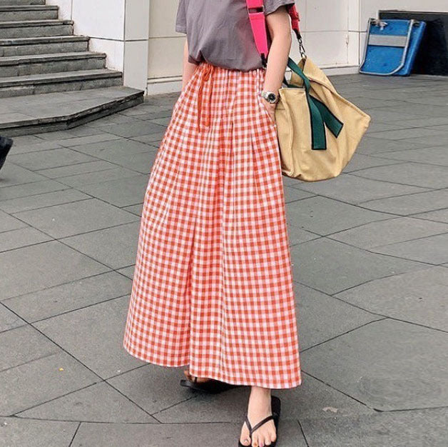 Pantalones casuales holgados de cintura alta elásticos con estampado de cuadros sencillos de verano para mujer