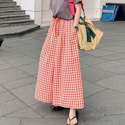 Pantalones casuales holgados de cintura alta elásticos con estampado de cuadros sencillos de verano para mujer