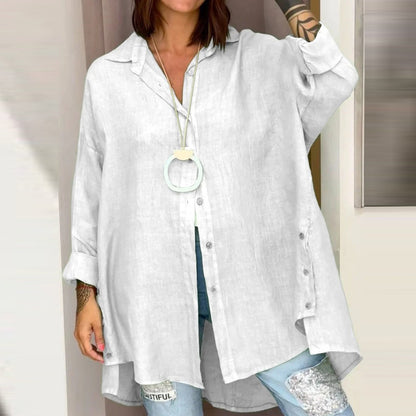 Camisa de lino y algodón holgada informal de color liso a la moda de verano para mujer