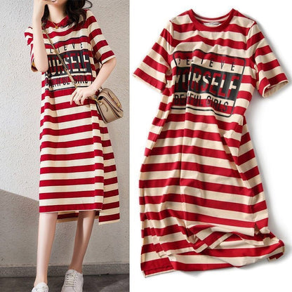 Women Casual Loose Stripe Printed Short Sleeve Dress