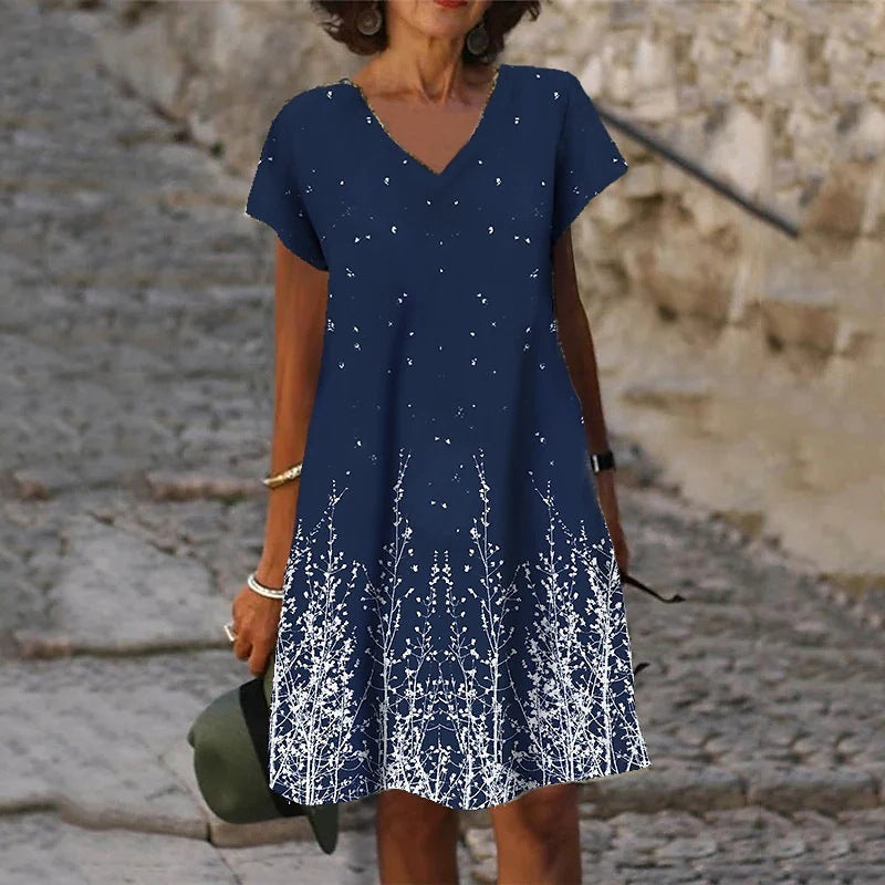 Women Fashion Casual Short Sleeve V Neck Loose Graphic Print Dress
