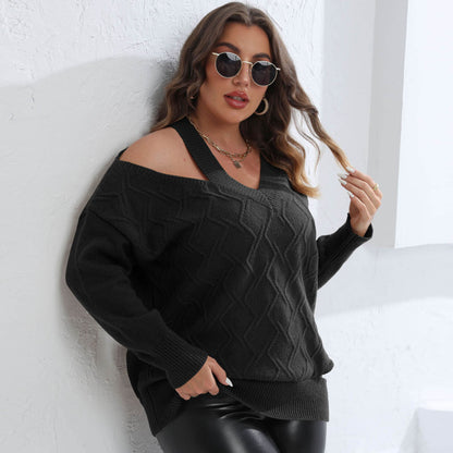 Suéter de punto informal para mujer, talla grande, para invierno y otoño, color liso, con hombros descubiertos