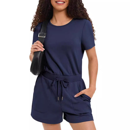 Women Casual Summer Short-Sleeved Loose Round Neck Solid Color Basic Rompers