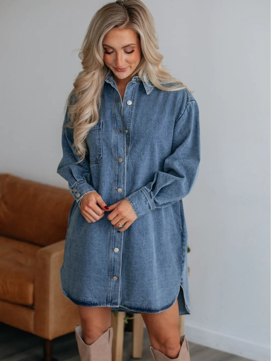 Women Fashion Casual Loose Lapel Long Sleeve Single Breasted Denim Dress